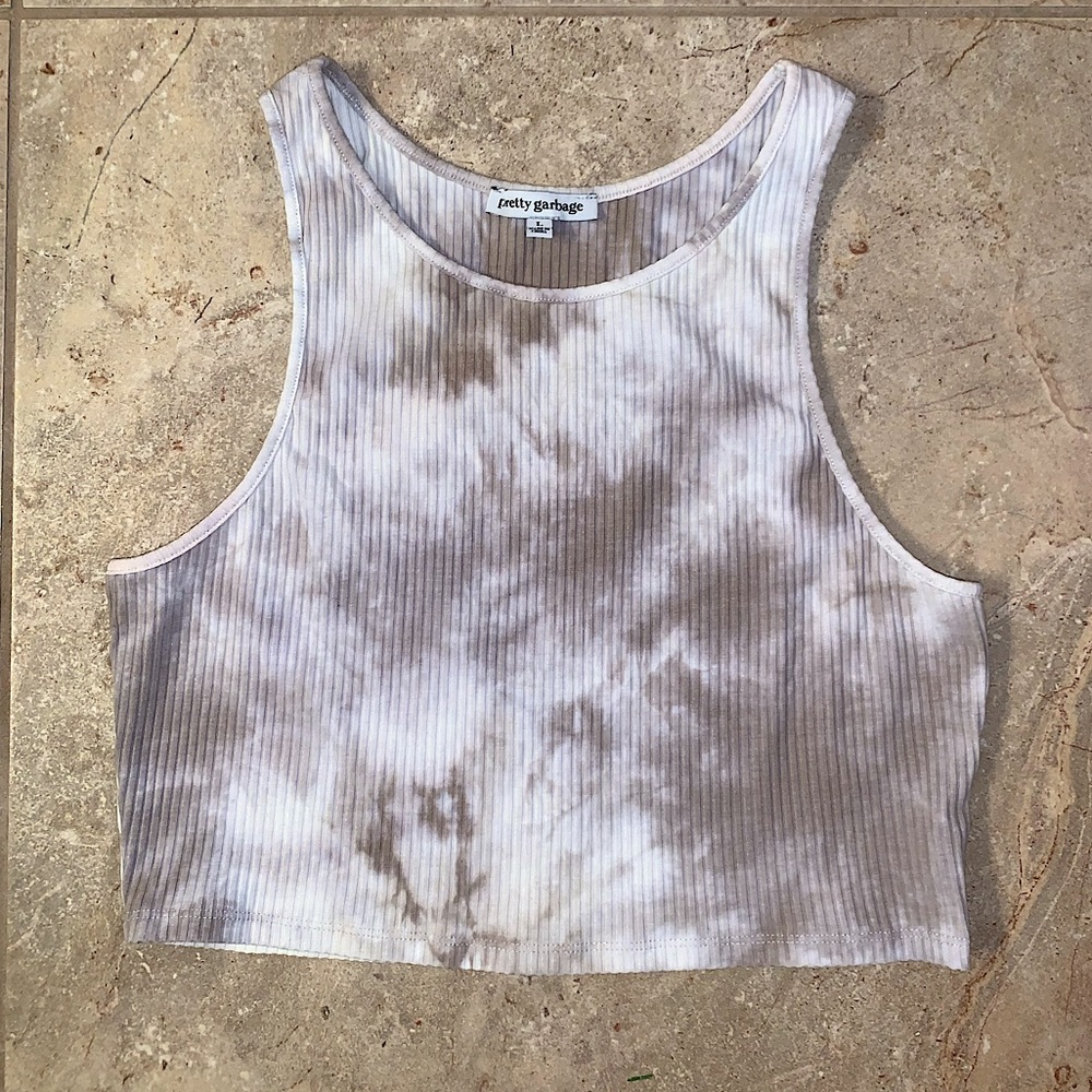 Pretty Garbage Ribbed Tie Dye Crop Top Tank Brown Tan White - Size Large